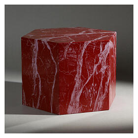 Smooth hexagon cinerary urn with shiny red veined marble effect 5L
