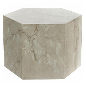 Smooth hexagon cremation urn with glossy Botticino marble effect 5L