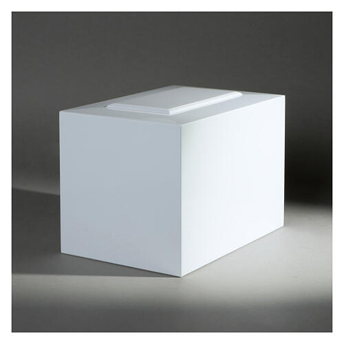 Parallelepiped funeral urn, embossed glossy white lacquered surface, 5 L 2