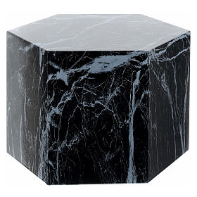 Funeral urn, smooth hexagon with polished black marble finish, 5 L