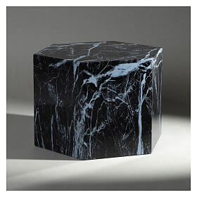 Funeral urn, smooth hexagon with polished black marble finish, 5 L