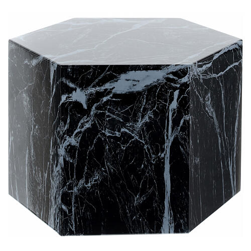 Smooth hexagon cinerary urn with glossy black marble effect 5L 1