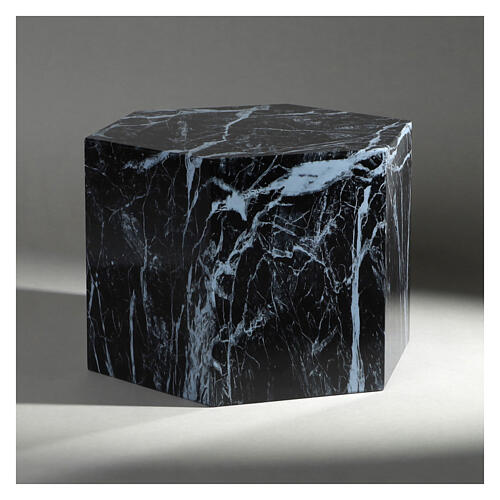 Smooth hexagon cinerary urn with glossy black marble effect 5L 2