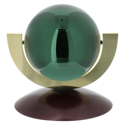 Urna cinerária esfera Ovazione verde aço envernizado base mogno 1