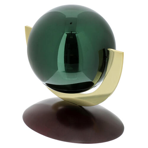 Urna cinerária esfera Ovazione verde aço envernizado base mogno 2