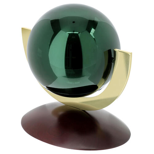 Urna cinerária esfera Ovazione verde aço envernizado base mogno 4