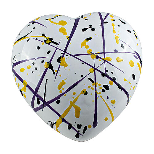 Urne in Herzform, weiß mit blauen und gelben Pinselstrichen, Keramik – 14×30×29 cm, 5 Liter 1