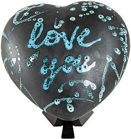 Urne in Herzform, schwarz matt mit blauen Details „Love you“, Keramik – 14×30×29 cm, 5 Liter