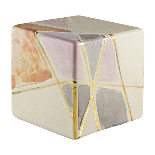 Cube urn with white, pink, orange, and grey geometric, 20x20x20 5lt 1