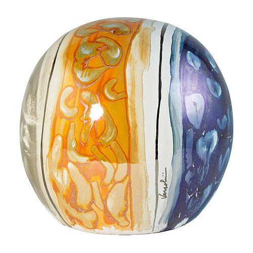 Urne in Kugelform, Perlweiß, Orange und Blau mit künstlerischem Dekor, Keramik – Durchmesser 25 cm, 7 Liter 1