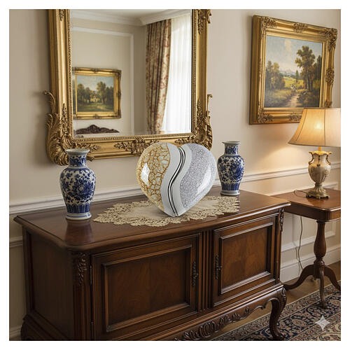 Two-piece urn in orange and light blue marble effect, double heart, 6x16x16 in, 10L 2