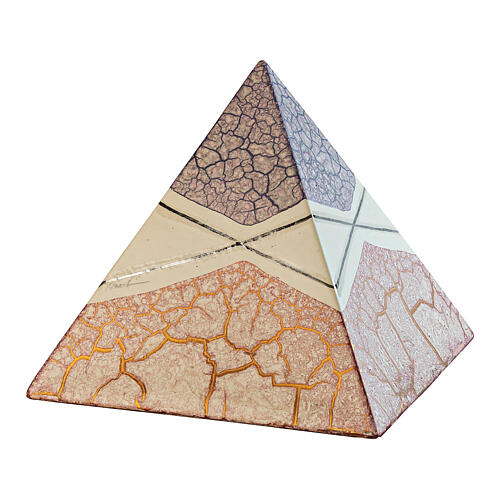 Urne in Pyramidenform, Weiß mit rosa, blauen und orangefarbenen Marmorstrukturen sowie silbernen Linien, Keramik – 25x26x26 cm, 5 Liter 1