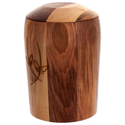 Eco-friendly light and dark walnut wood cremation urn with butterfly engraving 3