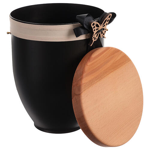 Metal cremation urn with wood lid, black bow and butterfly 2