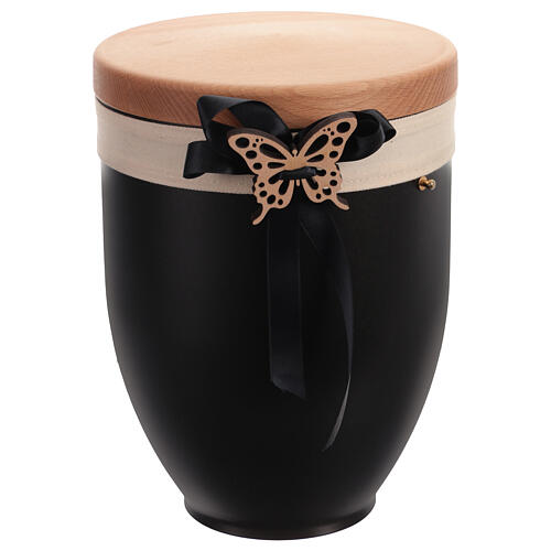 Metal cremation urn with wood lid, black bow and butterfly 4