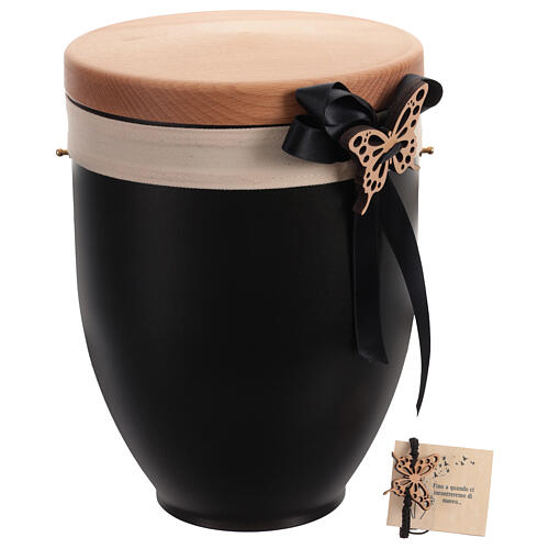 Urna para cenizas metal y tapa madera lazo negro mariposa 1
