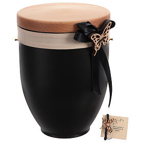 Metal Cremation Urn with Wooden Lid Black Bow Butterfly