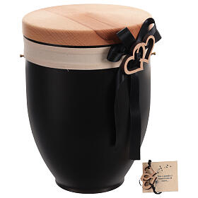Metal cremation urn with wooden lid, black bow and hearts