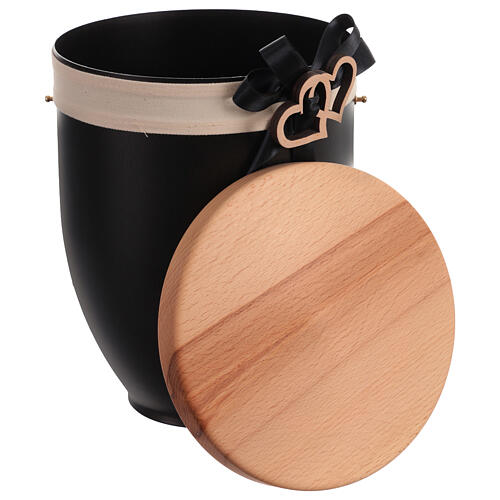 Metal cremation urn with wooden lid, black bow and hearts 2