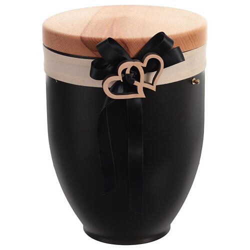 Metal cremation urn with wooden lid, black bow and hearts 3