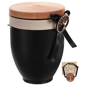 Metal cremation urn with wooden lid, Tree of Life, black bow