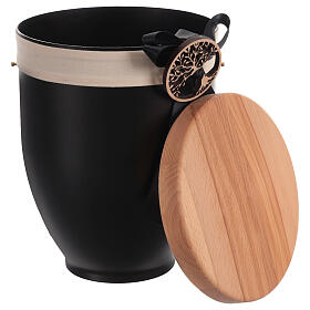 Metal cremation urn with wooden lid, Tree of Life, black bow