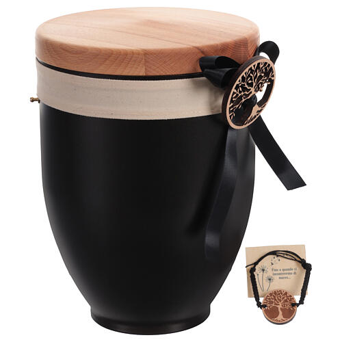 Metal cremation urn with wooden lid, Tree of Life, black bow 1