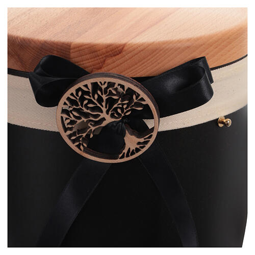 Metal cremation urn with wooden lid, Tree of Life, black bow 3