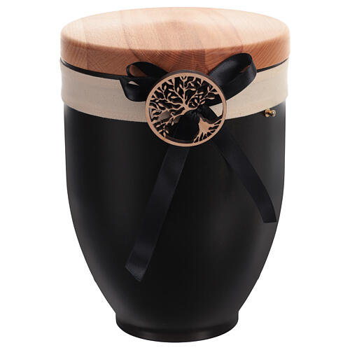 Urna para cenizas metal tapa madera árbol de la vida lazo negro 4
