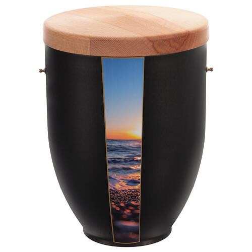 Urne, Metall mit Holzdeckel, Motiv Strand und Meer – 25x18 cm 1
