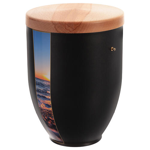 Metal Cremation Urn with Beach and Sea Detail and Wooden Lid 3