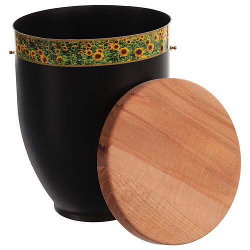 Urne, Metall mit Holzdeckel, Motiv Sonnenblumen – 25x18 cm 2