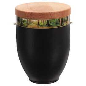 Cremation urn with forest detail, metal and wood lid