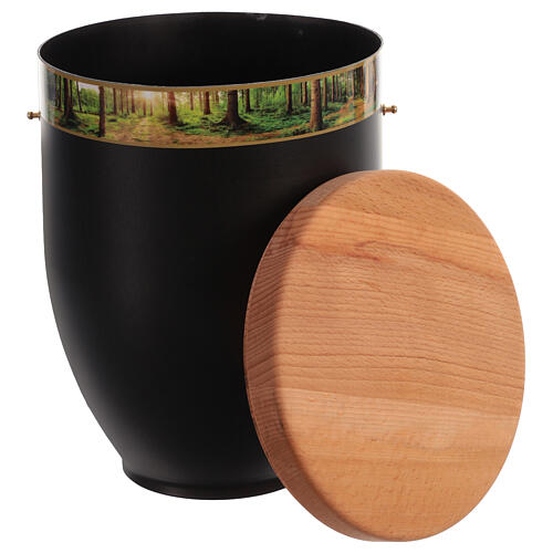 Metal Cremation Urn with Forest Decor and Wooden Lid 2