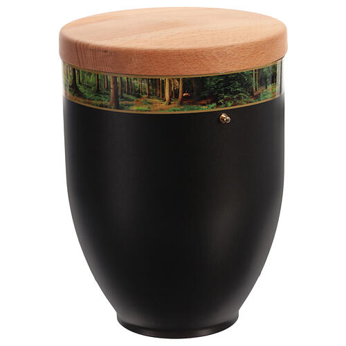 Metal Cremation Urn with Forest Decor and Wooden Lid 3