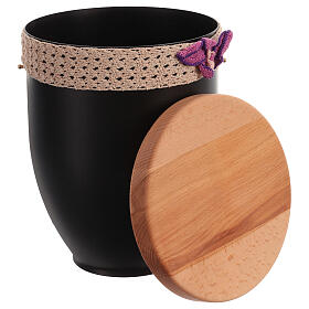 Metal funerary urn with wood lid and crochet details with orchid