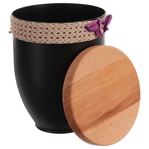Urna cineraria metal tapa madera detalles ganchillo orquídea 2