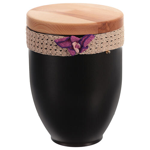 Urna cineraria metal tapa madera detalles ganchillo orquídea 3