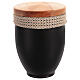 Metal cremation urn with crochet strip and wooden lid s1