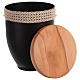 Metal cremation urn with crochet strip and wooden lid s2