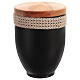 Metal cremation urn with crochet strip and wooden lid s3
