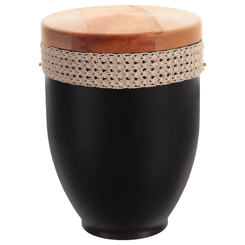 Urna cineraria metal faja ganchillo y tapa madera 1