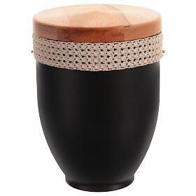 Metal Cremation Urn with Crochet Ribbon Band and Wooden Lid