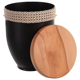 Metal Cremation Urn with Crochet Ribbon Band and Wooden Lid