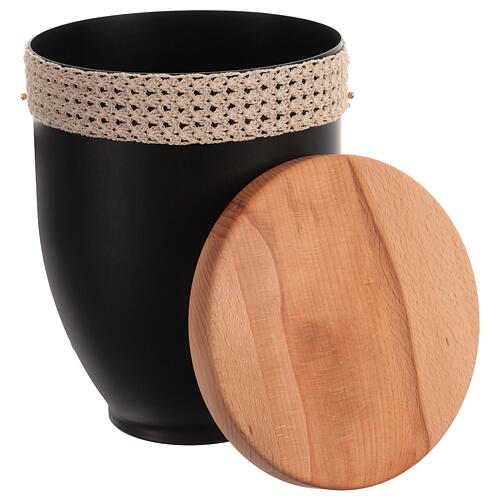 Metal Cremation Urn with Crochet Ribbon Band and Wooden Lid 2