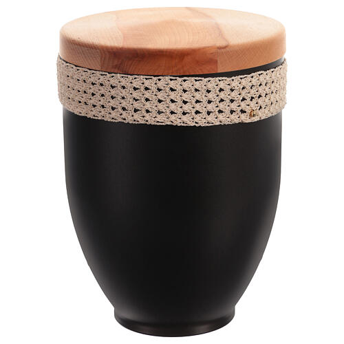 Metal Cremation Urn with Crochet Ribbon Band and Wooden Lid 3