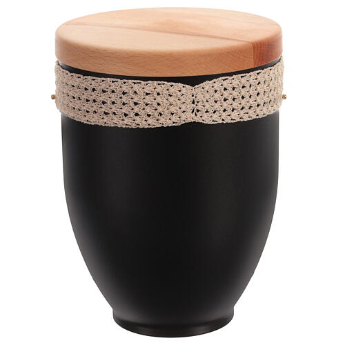 Metal Cremation Urn with Crochet Ribbon Band and Wooden Lid 4