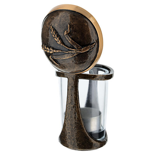Grablampe mit Ährenmotiv – für Votivkerzen Ø 8 cm, Metall in Bronzeoptik 3