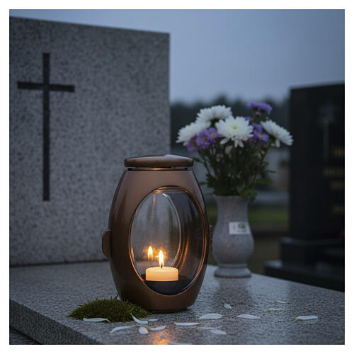 Lámpara portavela ovalada bronce con ventana para velas diám 6 cm 2