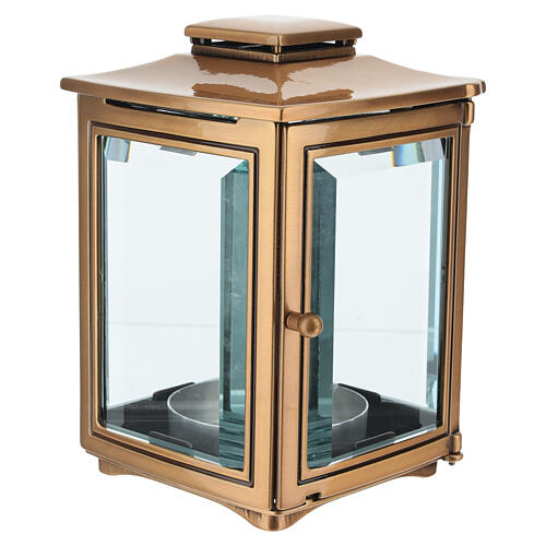 Grablampe quadratisch mit Glasfenstern – 20 × 14 × 14 cm, für Votivkerzen Ø 8 cm, Messing in Bronzeoptik 3